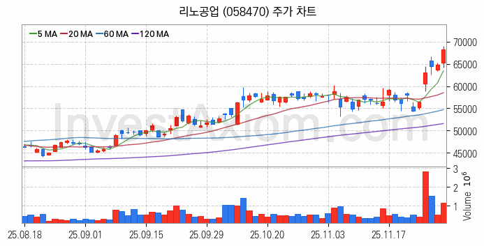 시스템반도체 관련주 리노공업 주식 종목의 분석 시점 기준 최근 일봉 차트