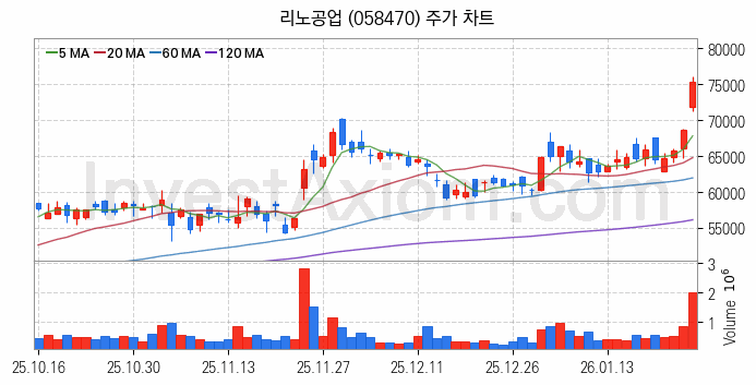 시스템반도체 관련주 리노공업 주식 종목의 분석 시점 기준 최근 일봉 차트
