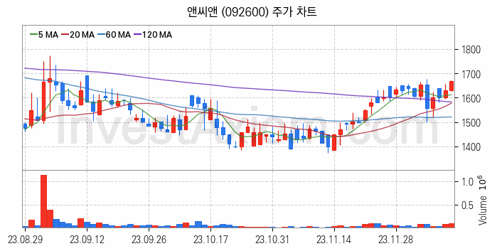 시스템반도체 관련주 앤씨앤 주식 종목의 분석 시점 기준 최근 일봉 차트