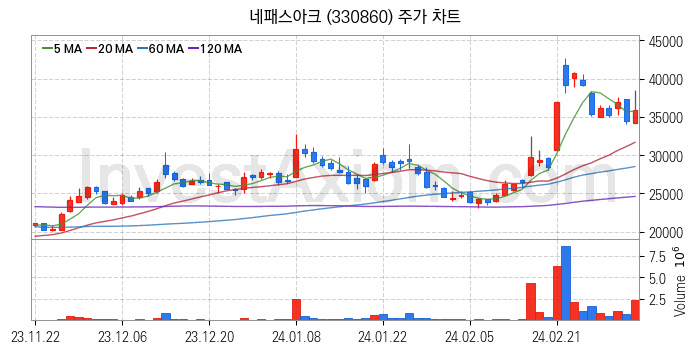 시스템반도체 관련주 네패스아크 주식 종목의 분석 시점 기준 최근 일봉 차트