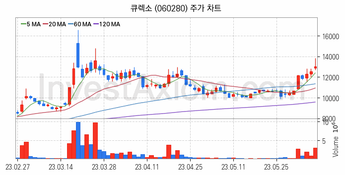 실버산업 관련주 큐렉소 주식 종목의 분석 시점 기준 최근 일봉 차트