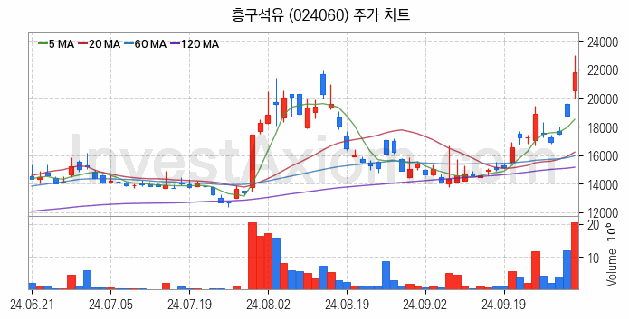 액화석유가스 LPG 관련주 흥구석유 주식 종목의 분석 시점 기준 최근 일봉 차트