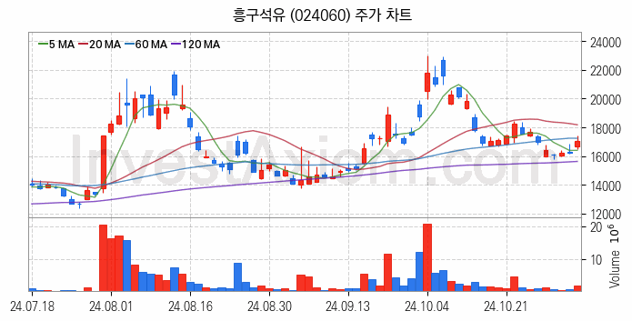 액화석유가스 LPG 관련주 흥구석유 주식 종목의 분석 시점 기준 최근 일봉 차트