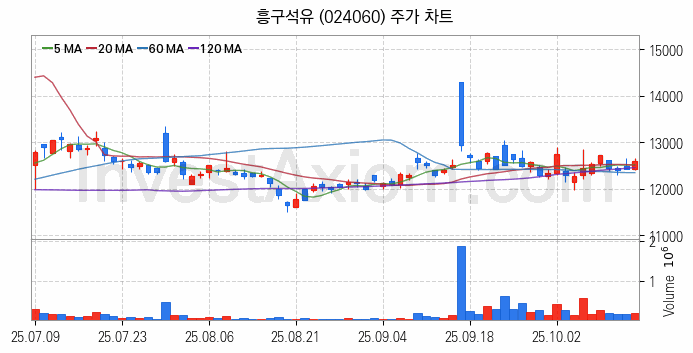 액화석유가스 LPG 관련주 흥구석유 주식 종목의 분석 시점 기준 최근 일봉 차트
