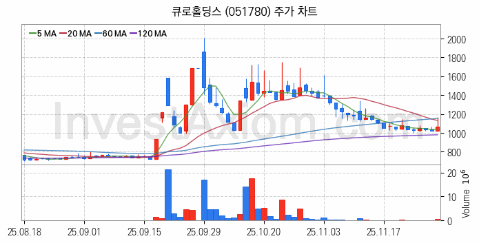 엔터테인먼트 관련주 큐로홀딩스 주식 종목의 분석 시점 기준 최근 일봉 차트