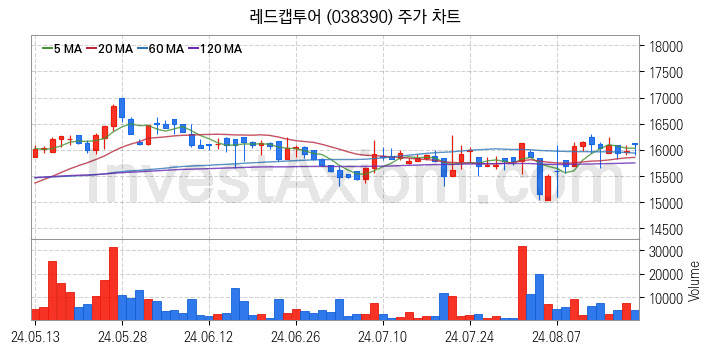 여행 관련주 레드캡투어 주식 종목의 분석 시점 기준 최근 일봉 차트