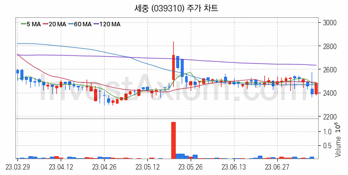 여행 관련주 세중 주식 종목의 분석 시점 기준 최근 일봉 차트