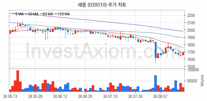 여행 관련주 세중 주식 종목의 분석 시점 기준 최근 일봉 차트