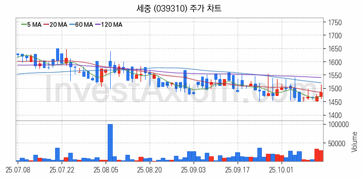 여행 관련주 세중 주식 종목의 분석 시점 기준 최근 일봉 차트