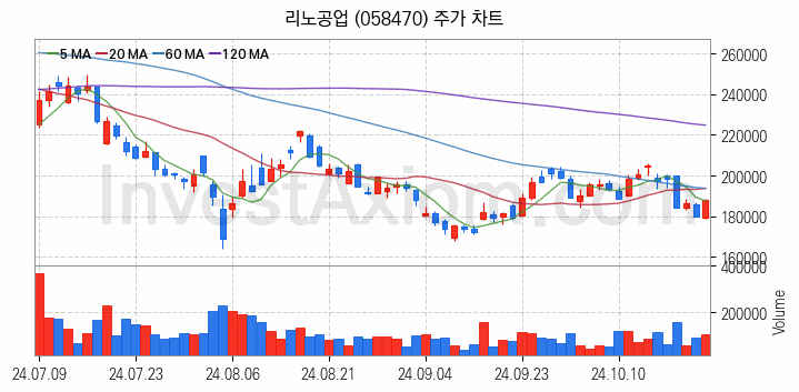 온디바이스 AI 관련주 리노공업 주식 종목의 분석 시점 기준 최근 일봉 차트