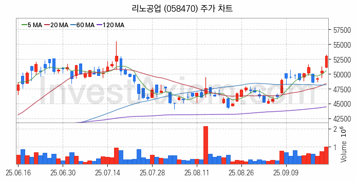 온디바이스 AI 관련주 리노공업 주식 종목의 분석 시점 기준 최근 일봉 차트