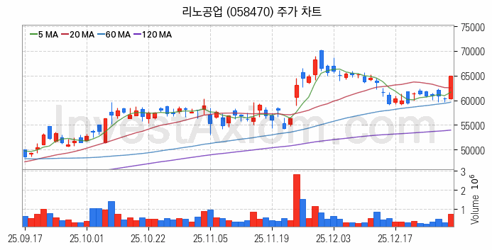 온디바이스 AI 관련주 리노공업 주식 종목의 분석 시점 기준 최근 일봉 차트