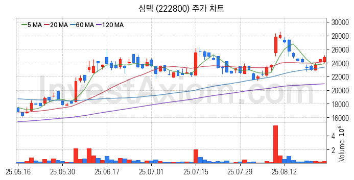 온디바이스 AI 관련주 심텍 주식 종목의 분석 시점 기준 최근 일봉 차트