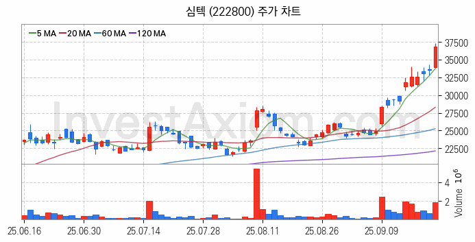온디바이스 AI 관련주 심텍 주식 종목의 분석 시점 기준 최근 일봉 차트
