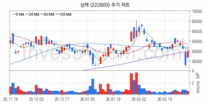 온디바이스 AI 관련주 심텍 주식 종목의 분석 시점 기준 최근 일봉 차트