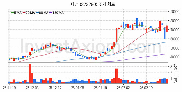 온디바이스 AI 관련주 태성 주식 종목의 분석 시점 기준 최근 일봉 차트