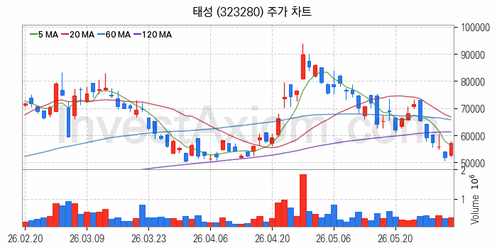 온디바이스 AI 관련주 태성 주식 종목의 분석 시점 기준 최근 일봉 차트