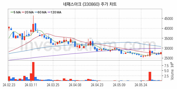 온디바이스 AI 관련주 네패스아크 주식 종목의 분석 시점 기준 최근 일봉 차트