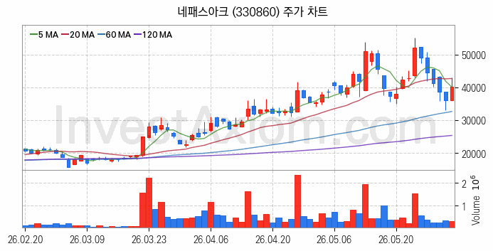 온디바이스 AI 관련주 네패스아크 주식 종목의 분석 시점 기준 최근 일봉 차트