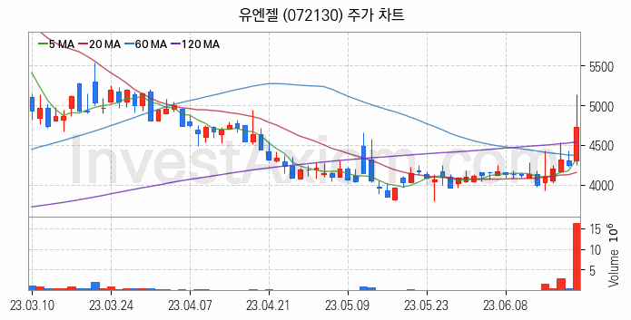 온라인 교육 관련주 유엔젤 주식 종목의 분석 시점 기준 최근 일봉 차트