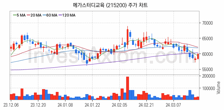 온라인 교육 관련주 메가스터디교육 주식 종목의 분석 시점 기준 최근 일봉 차트