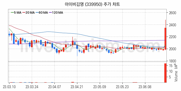 온라인 교육 관련주 아이비김영 주식 종목의 분석 시점 기준 최근 일봉 차트