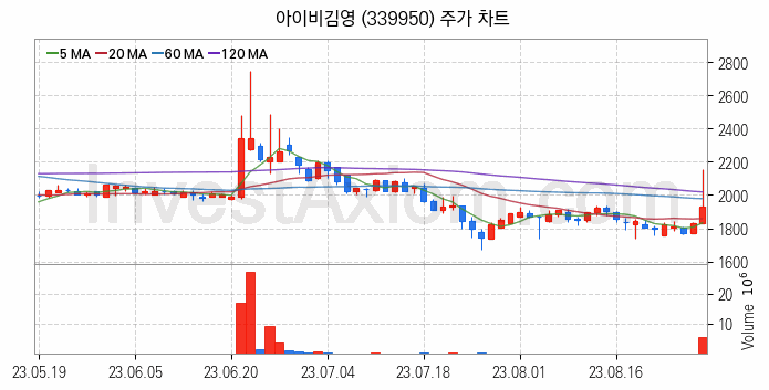 온라인 교육 관련주 아이비김영 주식 종목의 분석 시점 기준 최근 일봉 차트