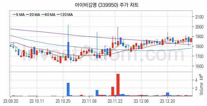 온라인 교육 관련주 아이비김영 주식 종목의 분석 시점 기준 최근 일봉 차트