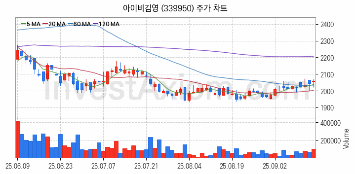 온라인 교육 관련주 아이비김영 주식 종목의 분석 시점 기준 최근 일봉 차트