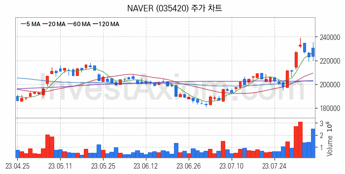 웹툰 관련주 NAVER 주식 종목의 분석 시점 기준 최근 일봉 차트