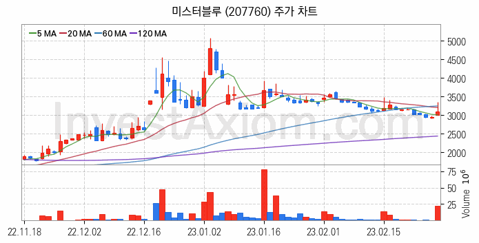 웹툰 관련주 미스터블루 주식 종목의 분석 시점 기준 최근 일봉 차트