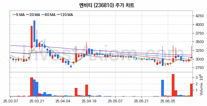 웹툰 관련주 엔비티 주식 종목의 분석 시점 기준 최근 일봉 차트