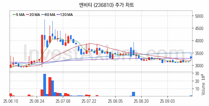 웹툰 관련주 엔비티 주식 종목의 분석 시점 기준 최근 일봉 차트