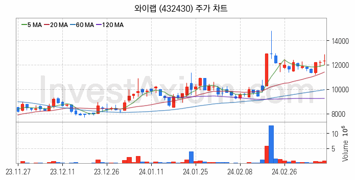 웹툰 관련주 와이랩 주식 종목의 분석 시점 기준 최근 일봉 차트