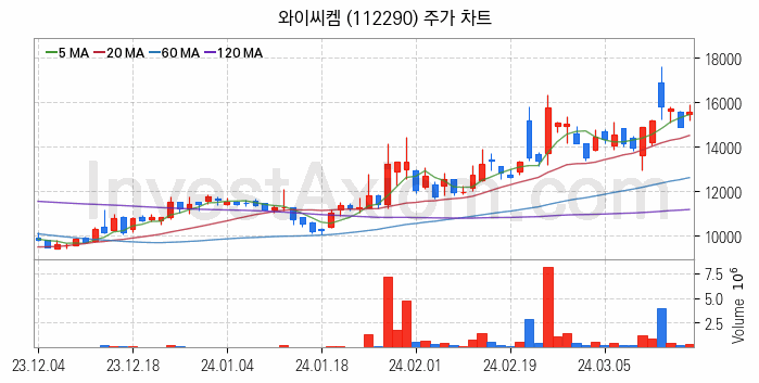 유리기판 관련주 와이씨켐 주식 종목의 분석 시점 기준 최근 일봉 차트