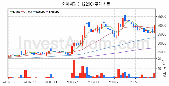 유리기판 관련주 와이씨켐 주식 종목의 분석 시점 기준 최근 일봉 차트