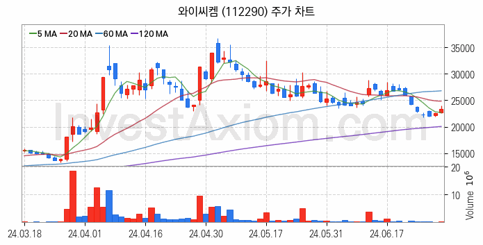 유리기판 관련주 와이씨켐 주식 종목의 분석 시점 기준 최근 일봉 차트