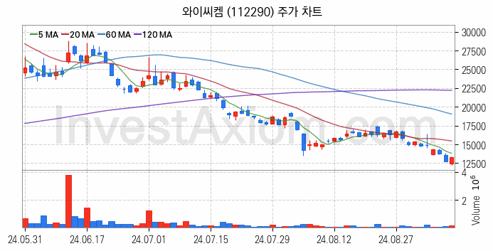 유리기판 관련주 와이씨켐 주식 종목의 분석 시점 기준 최근 일봉 차트