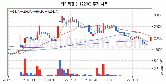 유리기판 관련주 와이씨켐 주식 종목의 분석 시점 기준 최근 일봉 차트