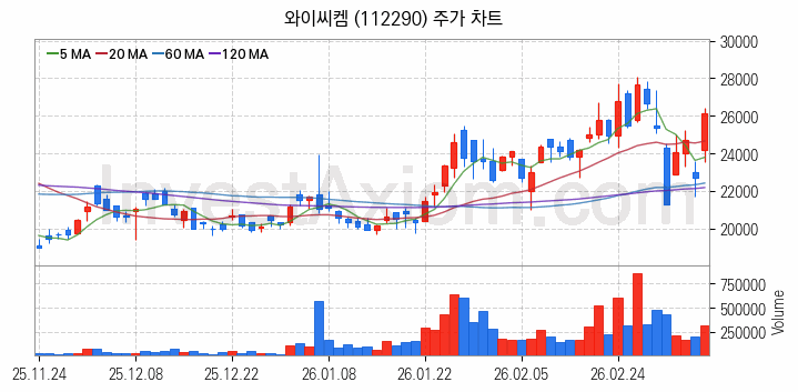 유리기판 관련주 와이씨켐 주식 종목의 분석 시점 기준 최근 일봉 차트