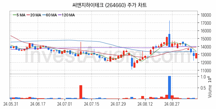 유리기판 관련주 씨앤지하이테크 주식 종목의 분석 시점 기준 최근 일봉 차트