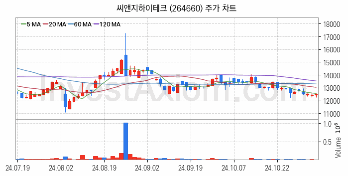 유리기판 관련주 씨앤지하이테크 주식 종목의 분석 시점 기준 최근 일봉 차트