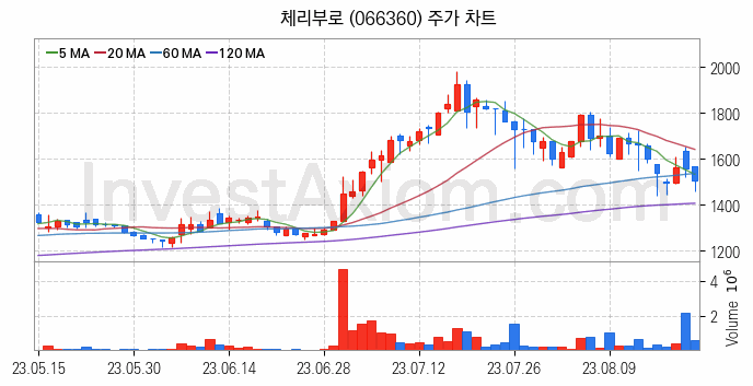 육계 관련주 체리부로 주식 종목의 분석 시점 기준 최근 일봉 차트