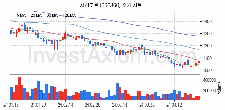 육계 관련주 체리부로 주식 종목의 분석 시점 기준 최근 일봉 차트