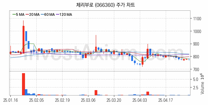육계 관련주 체리부로 주식 종목의 분석 시점 기준 최근 일봉 차트