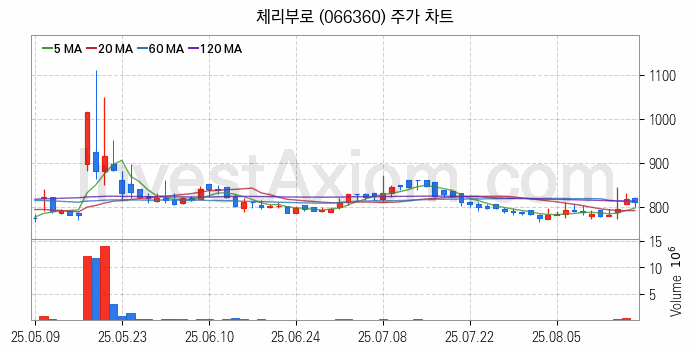 육계 관련주 체리부로 주식 종목의 분석 시점 기준 최근 일봉 차트