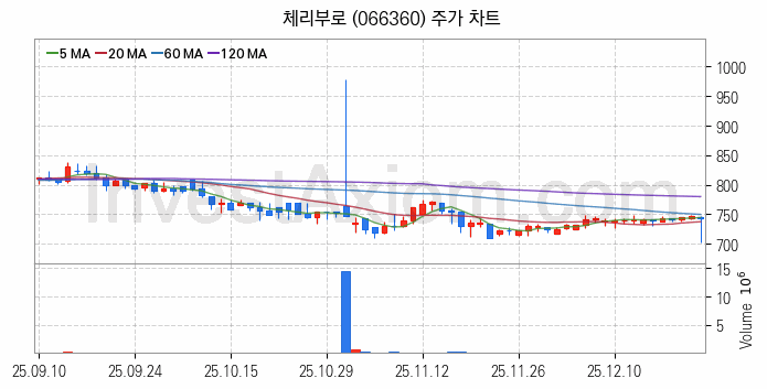육계 관련주 체리부로 주식 종목의 분석 시점 기준 최근 일봉 차트