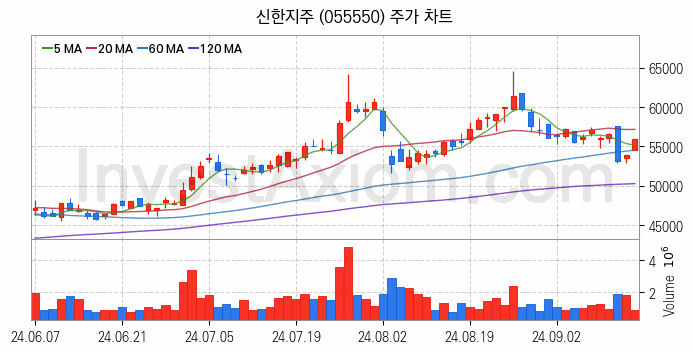 은행 관련주 신한지주 주식 종목의 분석 시점 기준 최근 일봉 차트