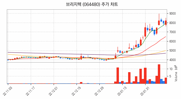 음성인식 관련주 브리지텍 주식 종목의 분석 시점 기준 최근 일봉 차트