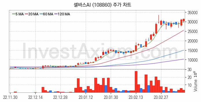 음성인식 관련주 셀바스AI 주식 종목의 분석 시점 기준 최근 일봉 차트